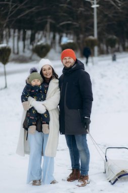 Ebeveynler kış parkında karlı yolda mutlu bir şekilde yürürken çocukları kızaklara bindirirler. Adam kızağını oğlu ve kızıyla çeker ve gülümseyen kadın onları takip eder. Aile kavramı Kış eğlencesi.