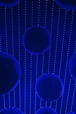 Parlayan noktaların dikey çizgileriyle çevrili aydınlık mavi küresel şekillerin soyut tasviri fütüristik ve modern bir ortam yaratıyor..