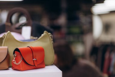 Şık bir butiğin vitrininde sergilenen el çantalarının canlı bir koleksiyonu. Modern, modaya uygun ve renkli aksesuarlar, çağdaş moda ve tasarımı ön plana çıkaran bir perakende satış ortamında güzelce sergileniyor..