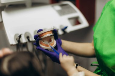 Bir diş hekimi hasta ziyareti sırasında protez bir model kullanarak düzgün diş fırçalama teknikleri gösterir. Bu etkileşim klinik bir diş ortamında ağız sağlığı eğitimine odaklanır..