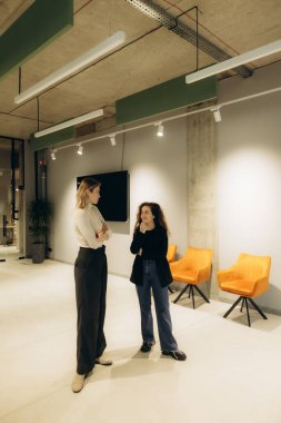 İki kadın, iyi ışıklandırılmış, modern bir ofis içinde fikirleri teşvik ederek bir sohbete girişiyor..