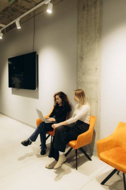 Çağdaş bir ofiste oturan iki kadın, dizüstü bilgisayar kullanırken iş tartışıyorlar, takım çalışması çiziyorlar..