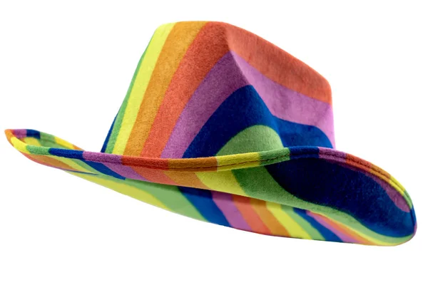 色彩斑斓的牛仔帽在白色背景上与剪裁路径截断概念的Lgbtq时尚与身份 骄傲月庆典 彩虹旗象征和Lgbt社区盟友支持 — 图库照片