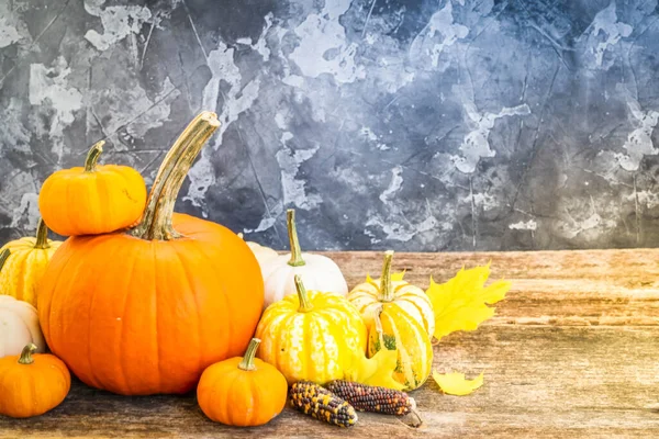 Halloween Thansgiving Concept Stapel Van Oranje Witte Pompoenen Tafel Met — Stockfoto