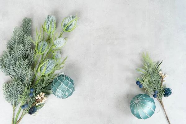 Cristmas Silver Teal Evergreen Tree Winter Flowers Glass Decorations Gray — Stock Photo, Image