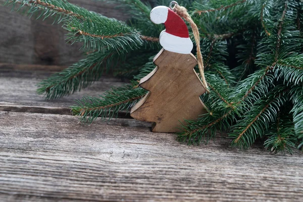 Χριστουγεννιάτικη Σκηνή Χριστουγεννιάτικο Δέντρο Ρουστίκ Ξύλινο Φόντο — Φωτογραφία Αρχείου