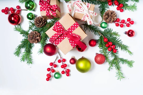Colorful Christmas Lifestyle Evergreen Twigs Christmas Gifts Decorations Top View — Stock Photo, Image