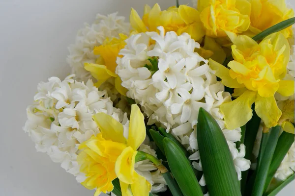 Bouquet Fleurs Jacinthe Jonquilles Sur Fond Blanc — Photo