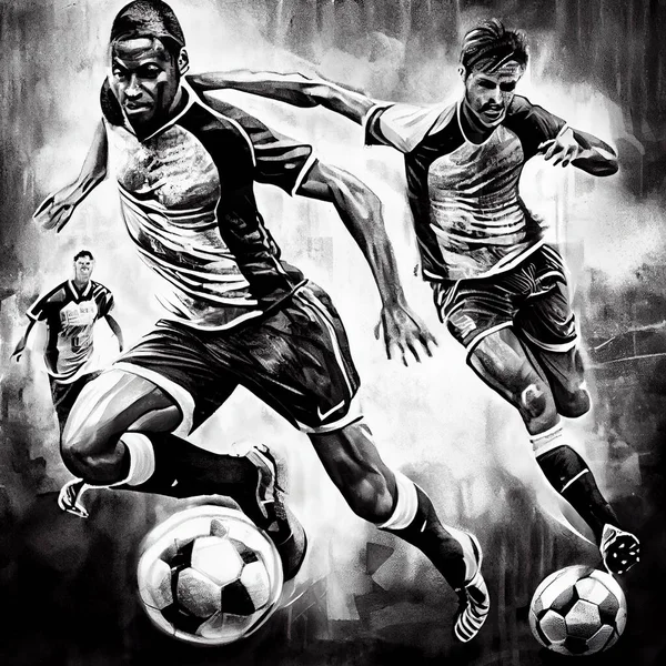 Black and white illustration of football action scene with competing soccer players at the stadium,