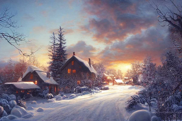 Christmas winter scenery with small village under white snow, magic fary tale illustration