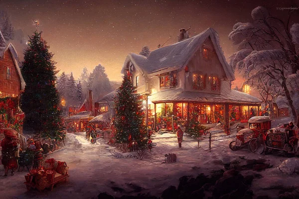 Christmas winter scenery with small village decorated for Christmas, magic cosy fary tale illustration