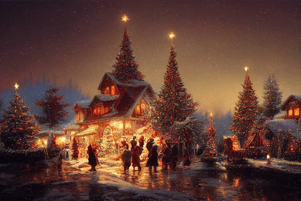 Christmas winter scenery with small village decorated for Christmas, magic fary tale illustration