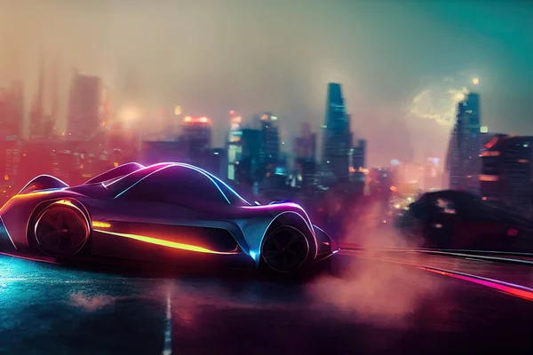 Futuristic sport car, non existent design, defocused city in background, 3d illustration