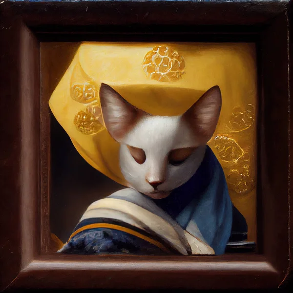 Illustration of lady cat as a Renaissance lady in luxury clothes