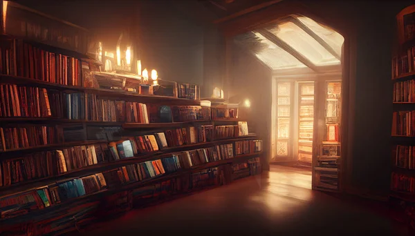 Big library interior, sheves with books, learning and back to school concept