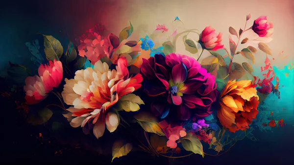 VIntage floral background, tender spring illustration with colorful flowers