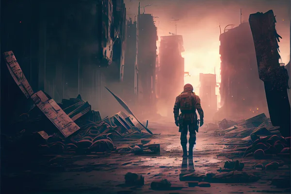 Lone soldier walking in destroyed city, war or natural disaster concept