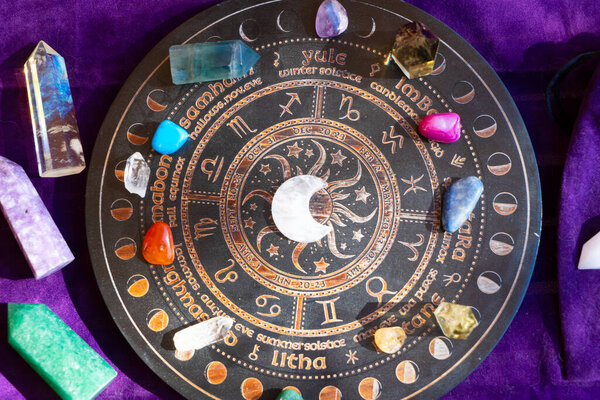 Gemstones for zodiac signes, minerals over life flower chart. Magic healing Rock for Reiki Crystal Ritual, Witchcraft, spiritual esoteric practice