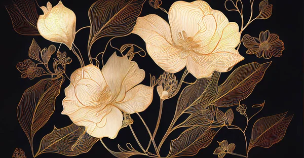 Golden flowers over black background, fancy illustration