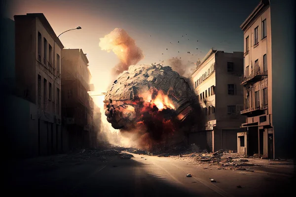 Nuclear bomb explosion, mushroom cloud over cityscape, 3D illustration