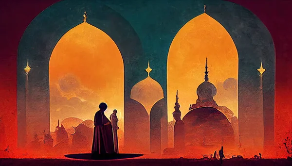 Ramadan Kareem holiday, festive background with abstract cityscape