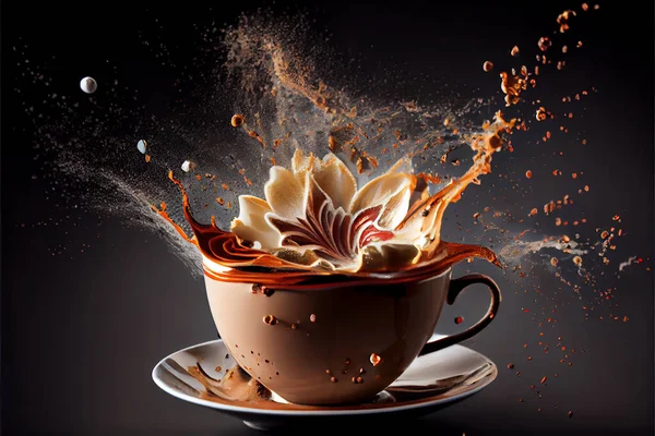 illustration of cup of coffee with milk, coffee splashes