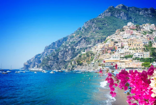 Sea Beach Positano Famous Old Italian Resort Flowers Italy — Stock Photo, Image