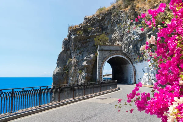 Célèbre Route Sinueuse Pittoresque Côte Amalfitaine Été Avec Des Fleurs — Photo