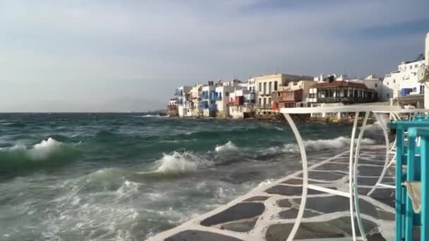 Mesa Café Mar Beira Mar Ilha Mykonos Grécia Verão — Vídeo de Stock