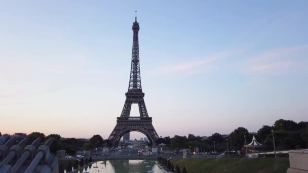 Эйфелева Башня Саду Трокадеро Восходе Солнца Париже Франция Эйфелева Башня — стоковое видео