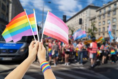 Gay onur geçidi, gökkuşağı lgbt bayraklarını insanların ve şehrin arka planında taşıyor.