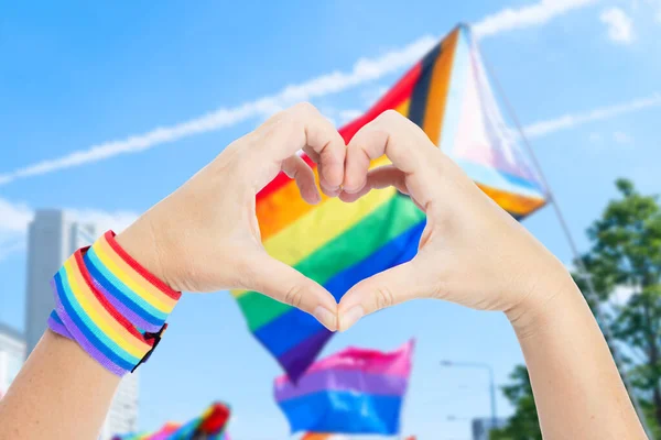 Gay Pride Parade Someone Making Heart Hands Lgbt Parade Event — Stockfoto