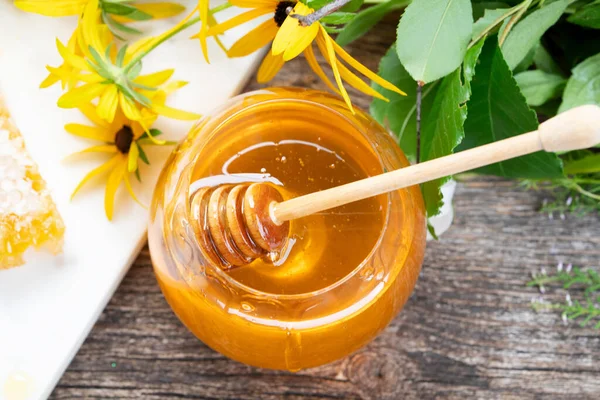 Verse Honing Pot Rustieke Achtergrond Bovenaanzicht — Stockfoto