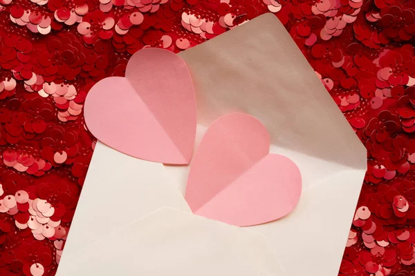 Valentines Day Festive Background Pink Hearts Envelope — Stock Photo, Image