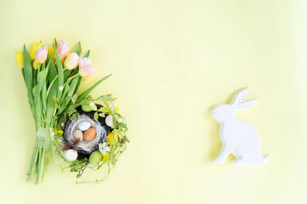 Easter Scene Colored Eggs Nest Bunny Handmade Bunny Top View — Stock Photo, Image