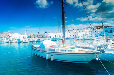 Yunanistan 'ın Paros Adası' ndaki balıkçı tekneleri ve yatları