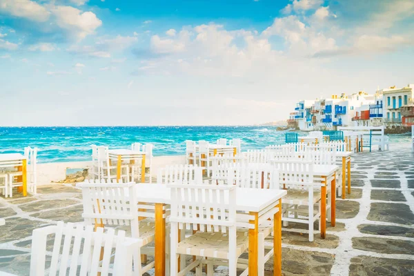 Yunanistan Mykonos Adası Nın Little Venice Semtindeki Sahil Kafe — Stok fotoğraf