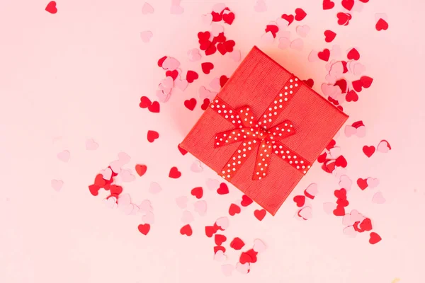 Valentines Day Festive Background Pink Hearts Red Gift Box — Stock Photo, Image