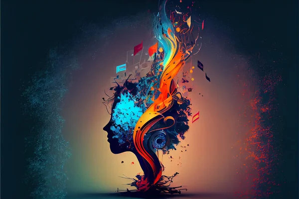 silhuette of human head with exploding colors over black background, music concept, created using AI tools