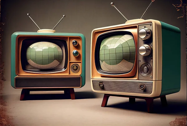 vintage set of tv equipments with many displays, retro room, created using AI tools
