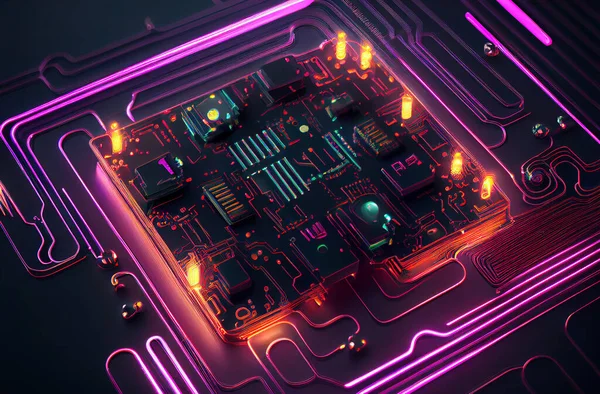 abstract circuit with neon backlights, modern technologic background, created using AI tools