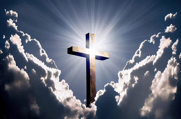 Shining cross in sun ray on sky in clouds, Ascension day concept, Christian Easter celebration, Faith in Jesus Christ and Christianity, created using AI tools