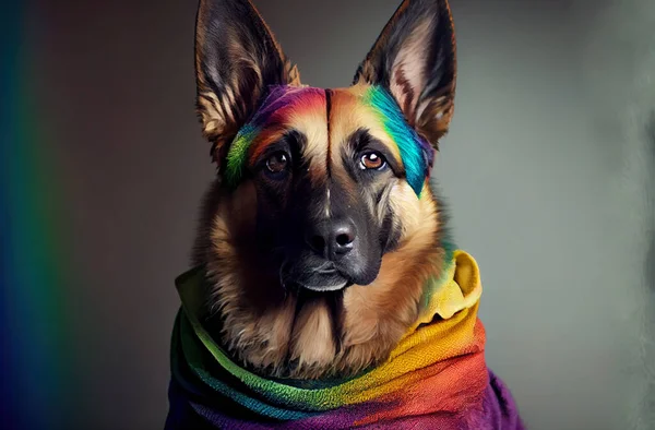 Corgi dog covered with rainbow colored flag, lgbt pride concept