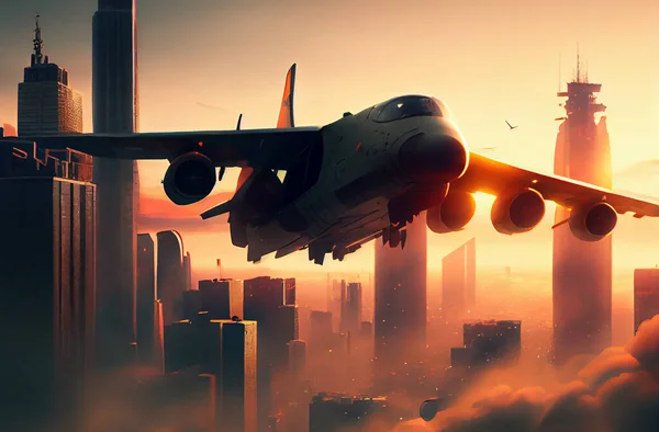 Military plane over modern city, illustration
