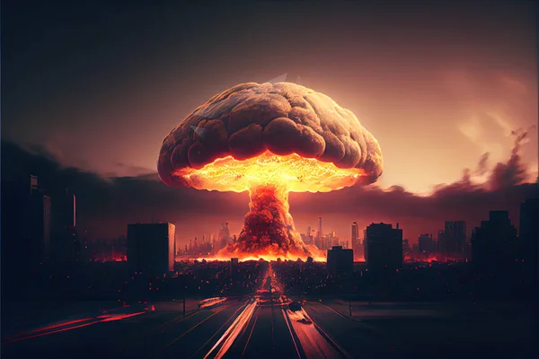 Nuclear bomb explosion, mushroom cloud over industrial nuclear plant zone, 3D illustration