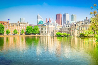 Şehir Merkezi Den Haag - Mauritshuis yansımaları gölet, Hollanda ile