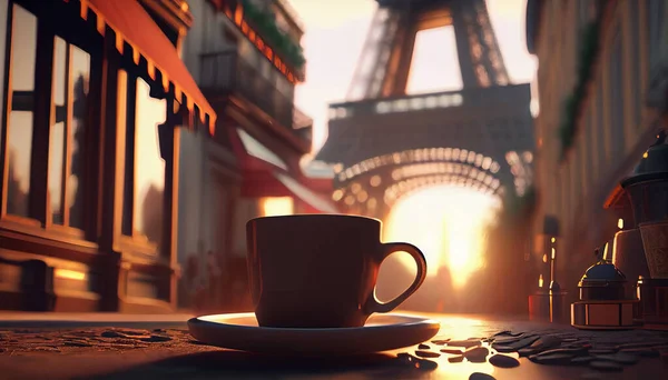 f coffee in Paris cafe with eiffel tour, honeymoon or romantic holidays concept