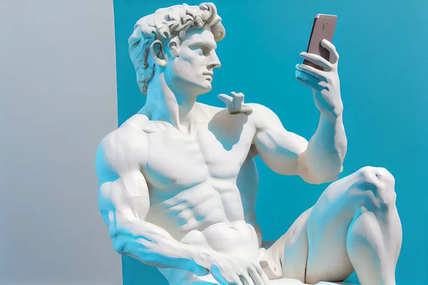 White marble statue of man watching mobile