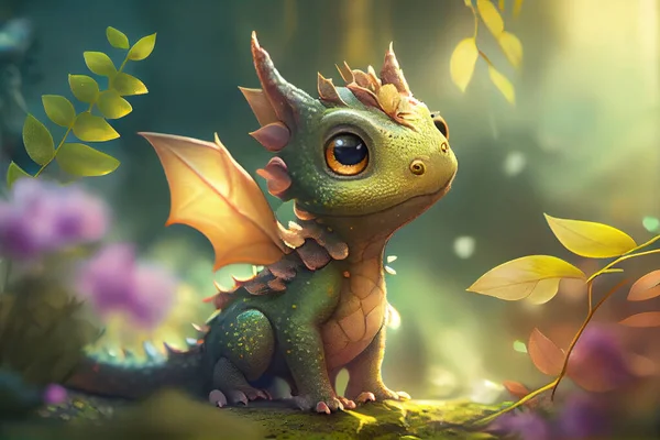 Cute baby dragon in forest, illustration, created using AI tools