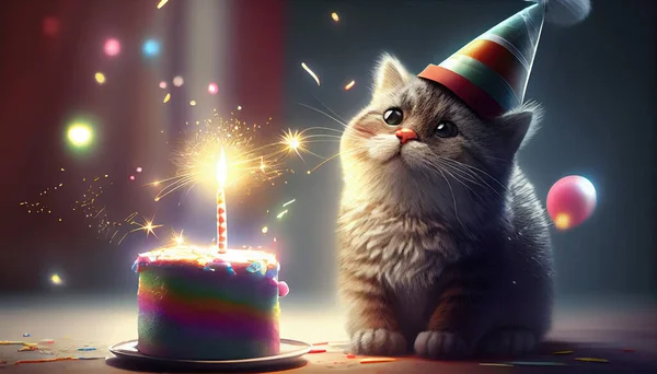 first birthday of happy kitten in hat with pie and flaming candle